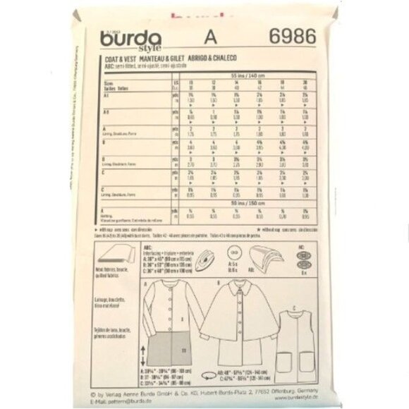 Burda Pattern 6986 Long Coat Vest Cape Jumper Dress Size 10 - 20 Winter Fall New - Picture 2 of 3